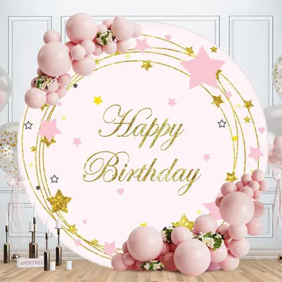 Aperturee Gold Glitter Star Round Pink Happy Birthday Backdrop