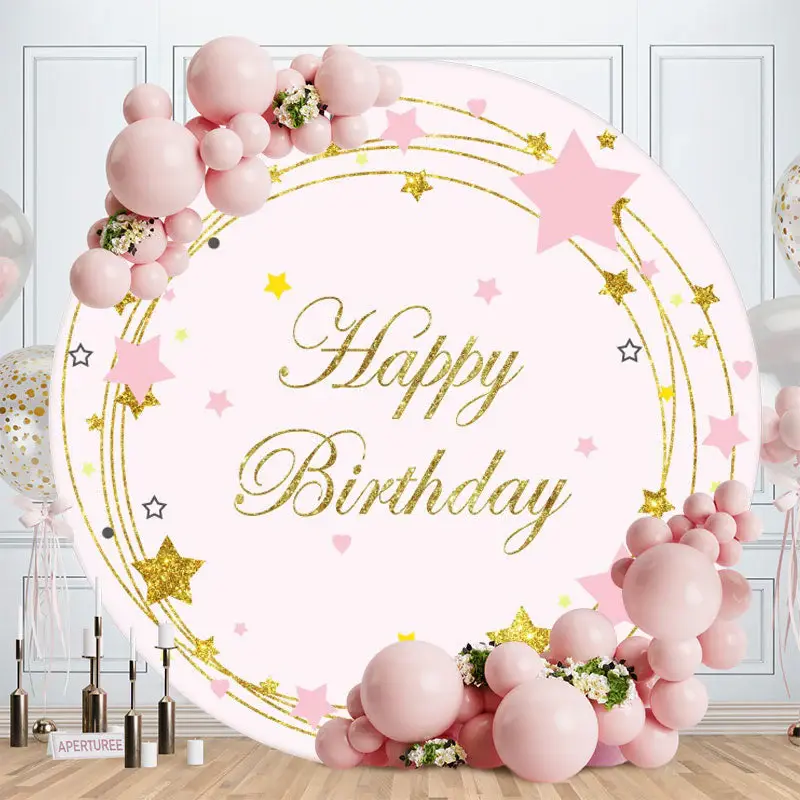 Aperturee Gold Glitter Star Round Pink Happy Birthday Backdrop
