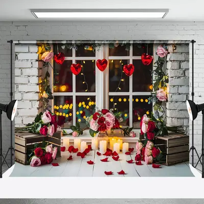 Aperturee Bricks Wall Floral Window Candlelight Photo Backdrop, 3X2FT(1MX0.6M), 14 USD, valentines day backdrops, NYHD1I31-M