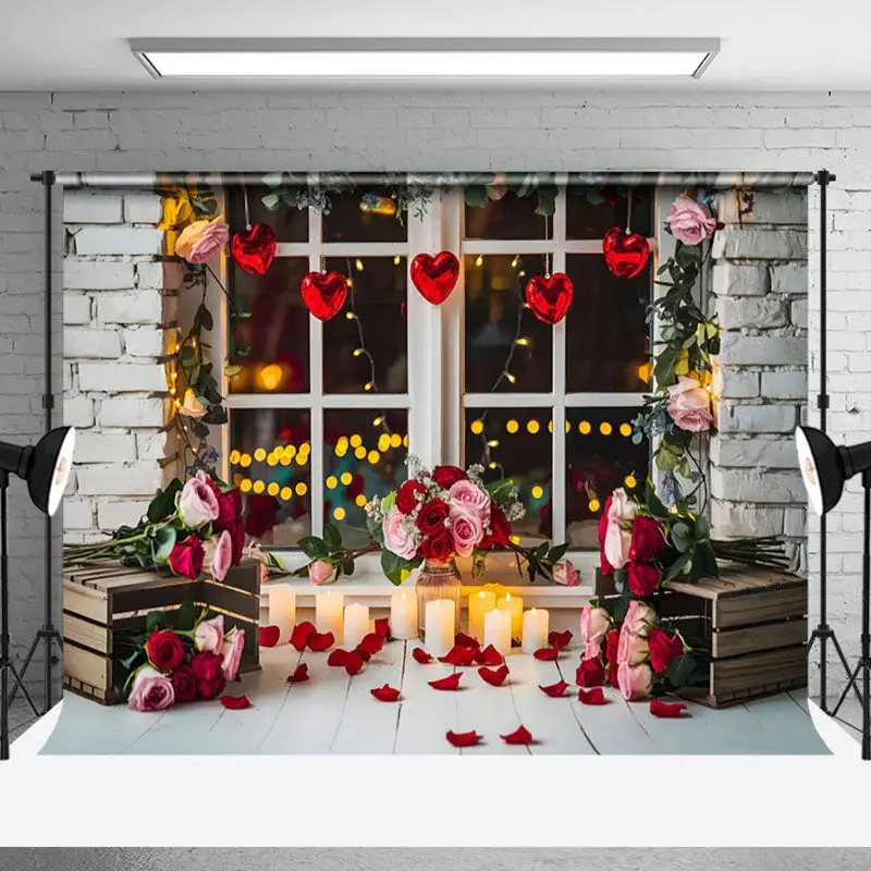 Aperturee Bricks Wall Floral Window Candlelight Photo Backdrop, 3X2FT(1MX0.6M), 14 USD, valentines day backdrops, NYHD1I31-M