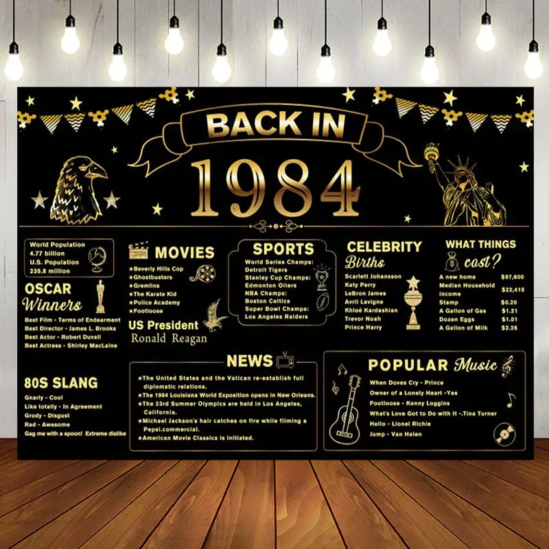Back In 1984 Black Gold Star 40th Birthday Backdrop - Aperturee