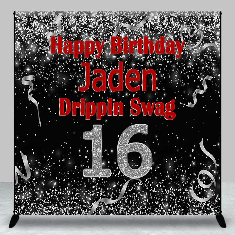 Black Silver Glitter Custom 16th Birthday Bakcdrop - Aperturee