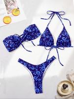 Three-piece Set Women's Floral Print Tie Front Bandeau Top & Tie Back Triangle Top & High Cut Bottom Bikinis Set, Fashion Chi...