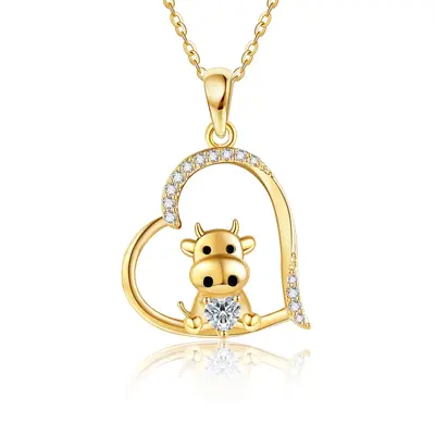 14K Gold Personalized Birthstone Cow Heart Necklace for Women