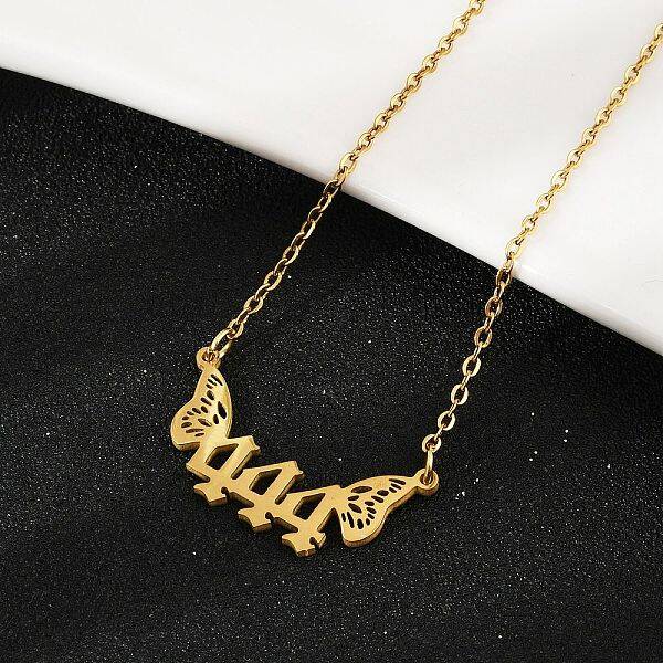 201 Stainless Steel Number 444 with Butterfly Wings Pendant Necklaces