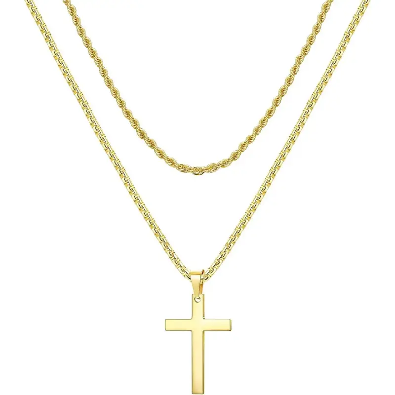 Cassieca Cross Necklace for Men, Stainless Steel Layered Rope Chain Cross Pendant Necklace Simple Jewelry Gifts Chain Necklac...
