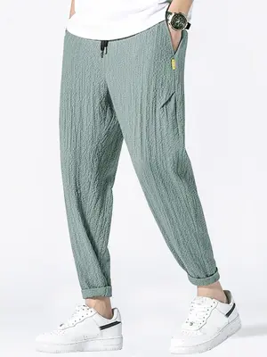 Men's Summer Thin Solid Textured Pants, Stylish Soft Slant Pocket Plain Casual Joggers, Elastic Waist Bottoms for Men, Valent...