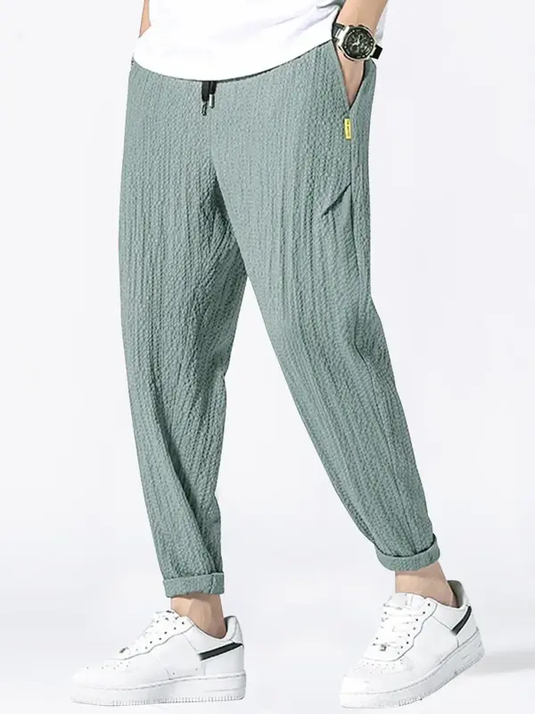 Men's Summer Thin Solid Textured Pants, Stylish Soft Slant Pocket Plain Casual Joggers, Elastic Waist Bottoms for Men, Valent...