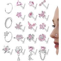 Trendy Summer Nose Rings L Shaped Hypoallergenic Stainless Steel Nose Ring with Butterfly Flower Nose Studs Hoops for Women a...