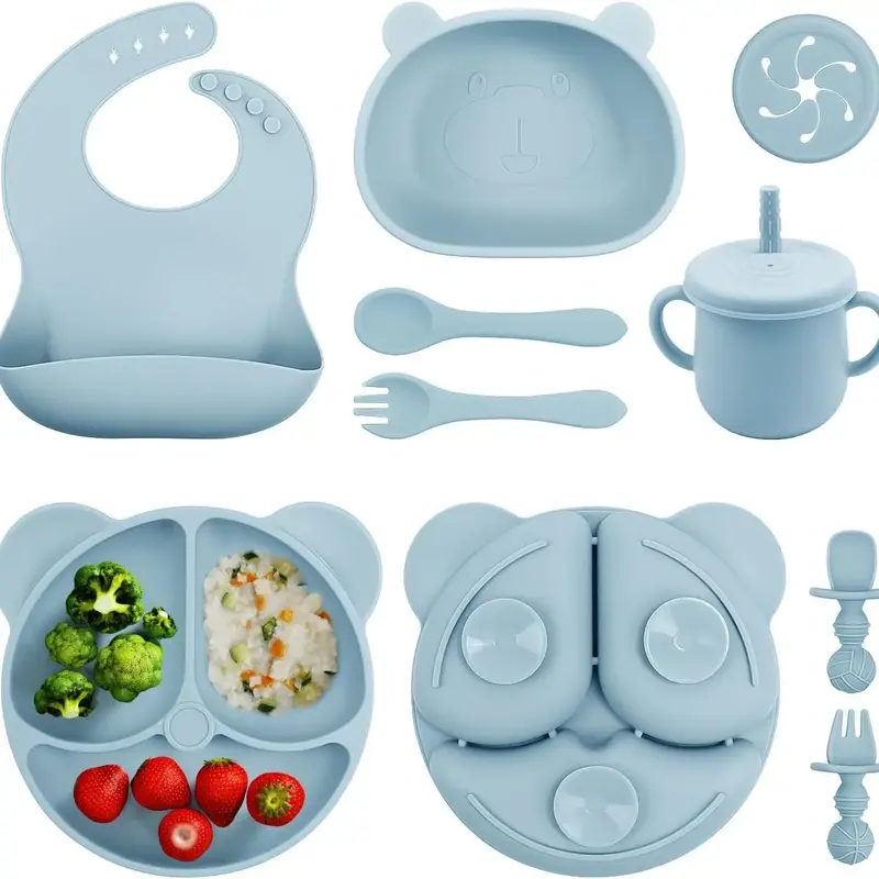 1 Set Solid Color Cartoon Silicone Baby Feeding Set With Bib, Solid Color Baby Feeding Utensil