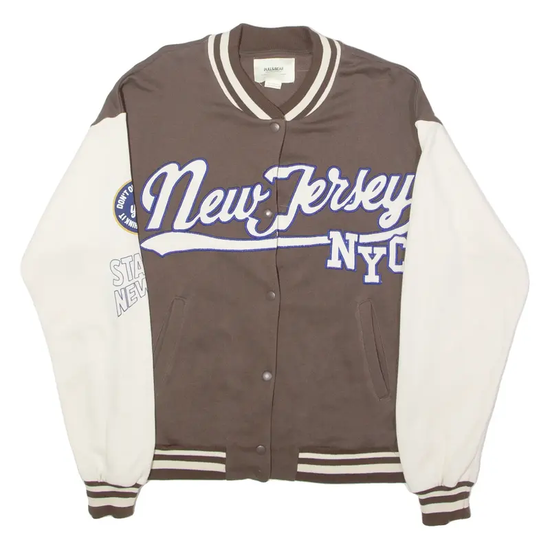 PULL AND BEAR New Jersey NYC Mens Varsity Jacket Brown USA Colourblock M