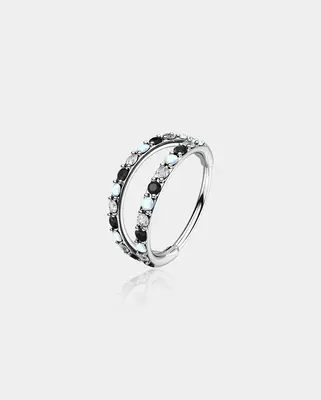 Alternating Opal/ CZ Double Hoop Nose Ring - Black / 8mm