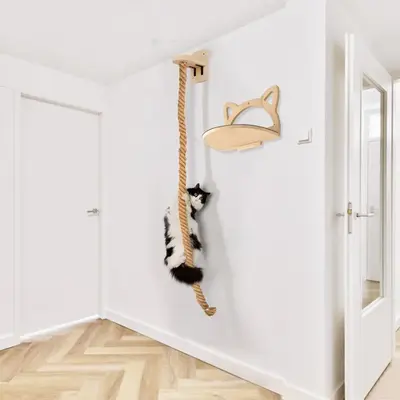 Wall Mounted Cat Climbing Frame, Wooden Cat Climbing Frame with Rope, Cat Scratching Post, Pet Furniture for Playing, Climbin...