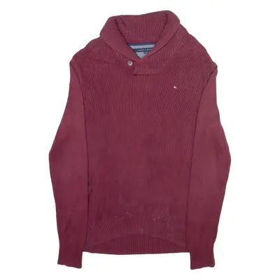 TOMMY HILFIGER Mens Jumper Maroon Button Neck Tight Knit M
