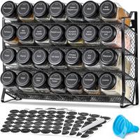 Spice Rack Organizer with 28 Empty Jars, Black Lids, Funnel & Labels for Kitchen Cabinet