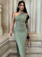 Women's Plain Ruched Split Thigh One Shoulder Bodycon Dress, Elegant Asymmetrical Neck Sleeveless Long Dress for Party Club D...