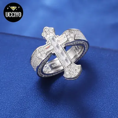【#R284 】New 925 Sterling Silver Cross Baguette Rings for Women Men Wedding Hip Hop Ring Fine Jewelry Christmas Gifts