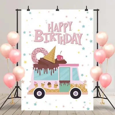 Stars Pink Sweet Icecream Donut Car Birthday Backdrop