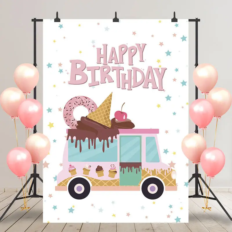 Stars Pink Sweet Icecream Donut Car Birthday Backdrop