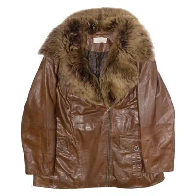 ELEGANCE Faux Fur Trim Womens Overcoat Coat Brown Leather UK 18