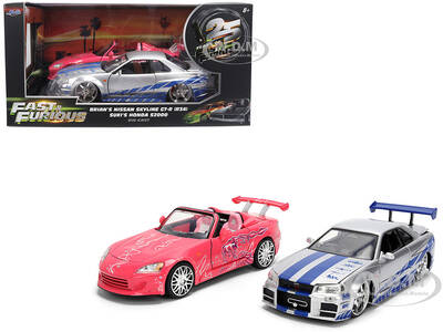 Brian's Nissan Skyline GT-R (R34) Silver Metallic with Blue Stripes and Suki's Honda S2000 Pink with Graphics Set of 2 Cars ...