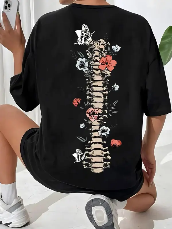 Women's Graphic Drop Shoulder Tee, Fashion Skeleton & Floral Print Half Sleeve T-shirt, Chic Summer Tee Shirts, Going Out Top...