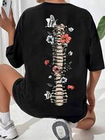 Women's Graphic Drop Shoulder Tee, Fashion Skeleton & Floral Print Half Sleeve T-shirt, Chic Summer Tee Shirts, Going Out Top...