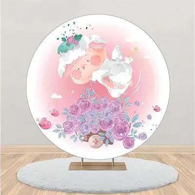 Round Pink White Floral Rabbit Baby Shower Backdrop - Aperturee