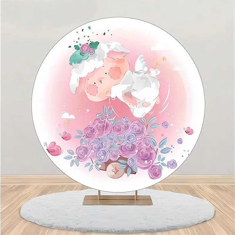 Round Pink White Floral Rabbit Baby Shower Backdrop - Aperturee