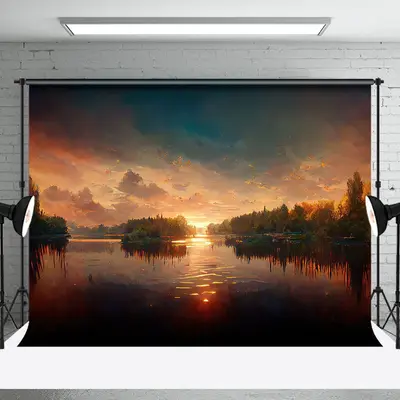 Watercolor Sunset Cloud Tree Lake Waves Backdrop - Aperturee