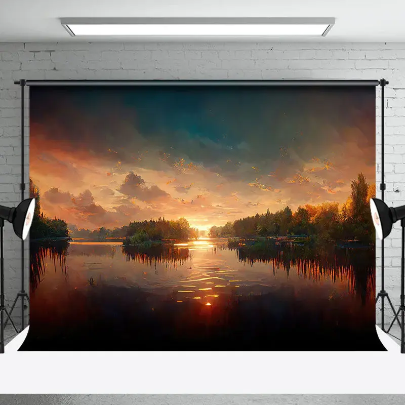 Watercolor Sunset Cloud Tree Lake Waves Backdrop - Aperturee