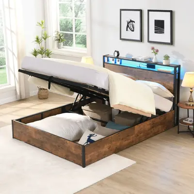 Lift-up Storage Bed Frame, Full/Queen Size Bed Frame with Bookcase Headboard & LED Lights, Wooden Platform Bed Frame with Cha...