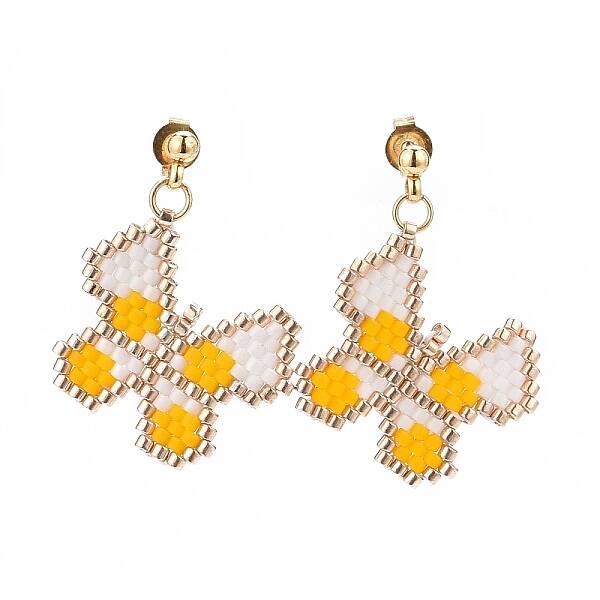 Glass Seed Braided Beaded Butterfly Dangle Stud Earrings