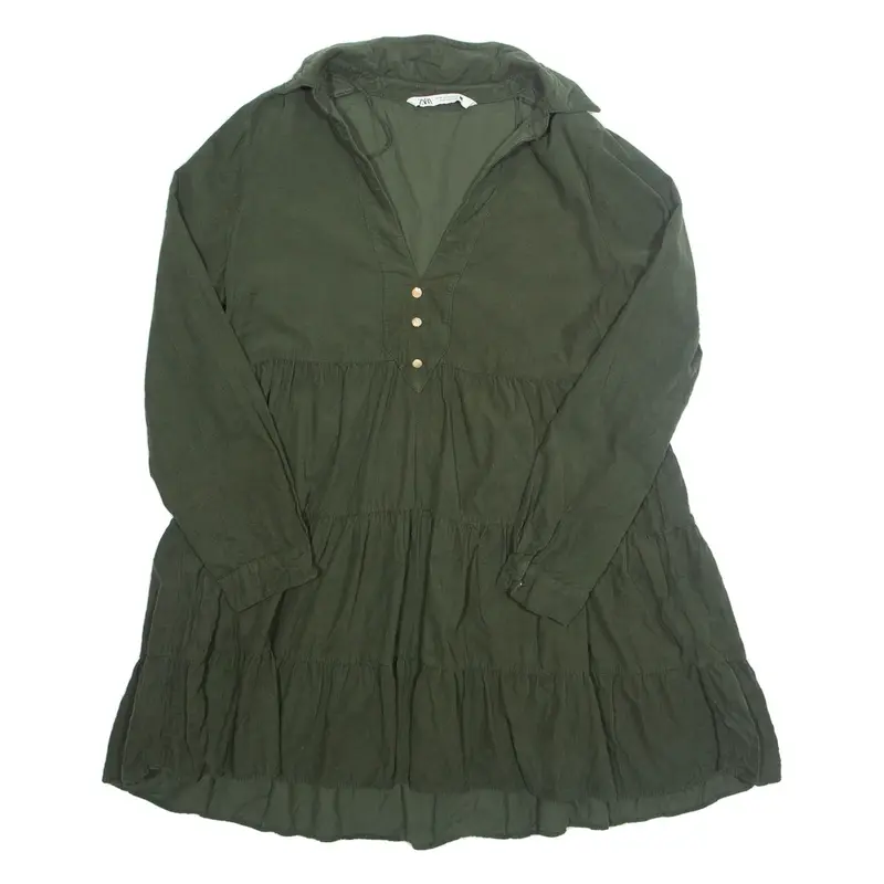 ZARA Womens A-Line Dress Green Corduroy Long Sleeve Knee Length M
