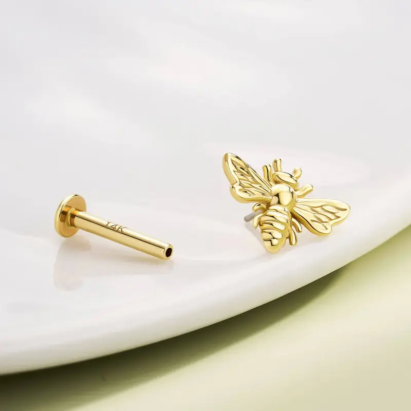 14K Gold Flying Bee Threadless Nose Stud - 14K Top Only / Top Only