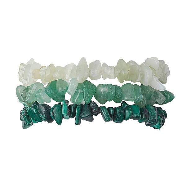 3Pcs Natural Green Aventurine & Natural Prehnite & Natural Malachite Chip Beaded Stretch Bracelet Sets