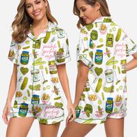 Pickles Print Satin Pajamas Set Printed Comfortable Satin Pajamas & Loungewear Pjs Short Sleeve Top & Shorts With Pockets, Gi...