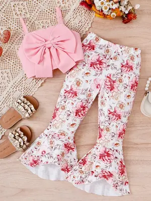 Two-Piece Set Girl's Plain Bow Front Crop Cami Top & Floral Print Elastic Waist Flare Leg Pants Set, Elegant Fashion Outfits...