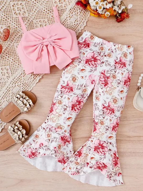 Two-Piece Set Girl's Plain Bow Front Crop Cami Top & Floral Print Elastic Waist Flare Leg Pants Set, Elegant Fashion Outfits...