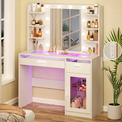 Vanity Desk with Mirror and Lights, Makeup Vanity Desk with Lights 3 Colors, Transparent Top Vanity with 2 RGB Drawers, 6 She...