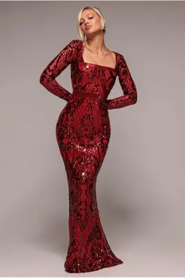 Goddiva Sequin Square Neck Maxi With Scallop Hem - Red