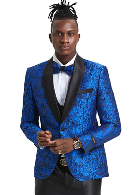 Royal Blue Men's Slim Fit Paisley Floral Prom Tuxedo with One Button