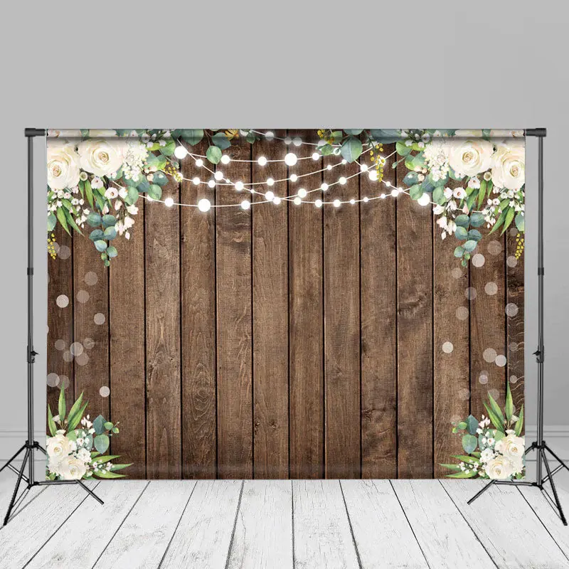 White Floral Brown Wood Wall Bokeh Photo Backdrop - Aperturee