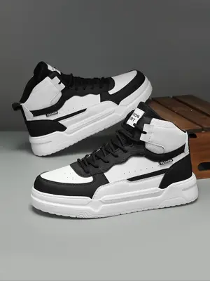 Men's Fashion Letter Patch Patchwork Design Lace Up Front High Top Sneakers, Casual Breathable Comfortable Sports Shoes for D...