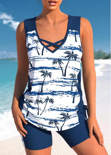 Modlily High Waisted Plus Size Criss Cross Navy Tankini Set - S