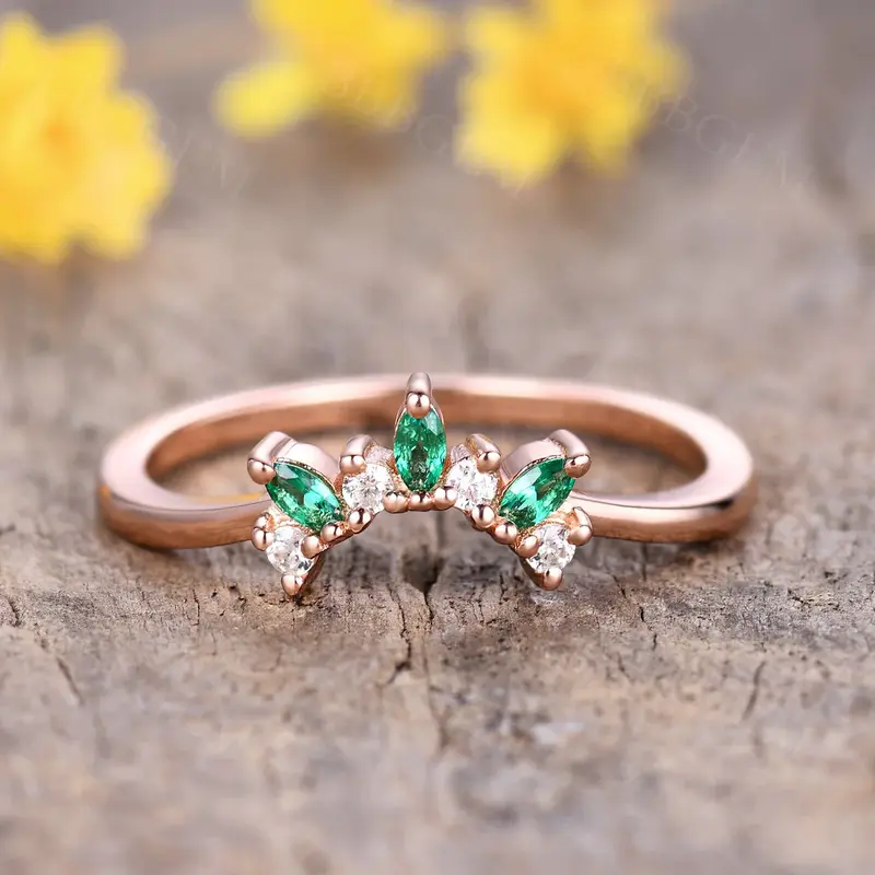 Rose Gold Marquise Shaped Emerald Diamond Wedding Ring Curved Matching Band