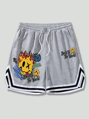 Men's Loose Cartoon Graphic Print Contrast Binding Track Shorts, Casual Pocket Drawstring Waist Shorts for Summer, Fashion Me...