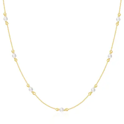 14K Gold Circular Shaped Pearl Bead Bead Station chain Necklace