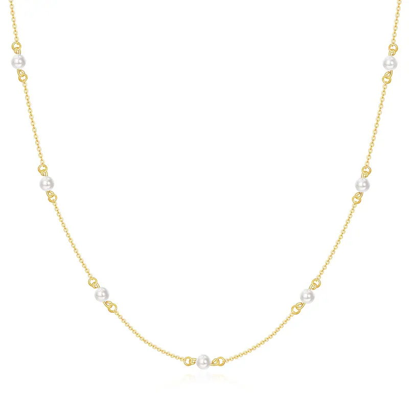 14K Gold Circular Shaped Pearl Bead Bead Station chain Necklace