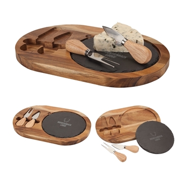 6 Custom Bon Appetit Slate Cheese Set - Acacia Wood